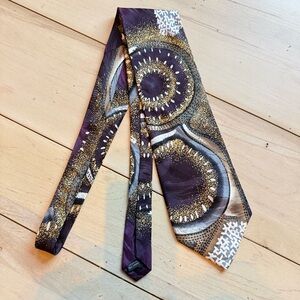 Stranger Things inspired tie, crazy pattern with gold, brown and plum 100% silk